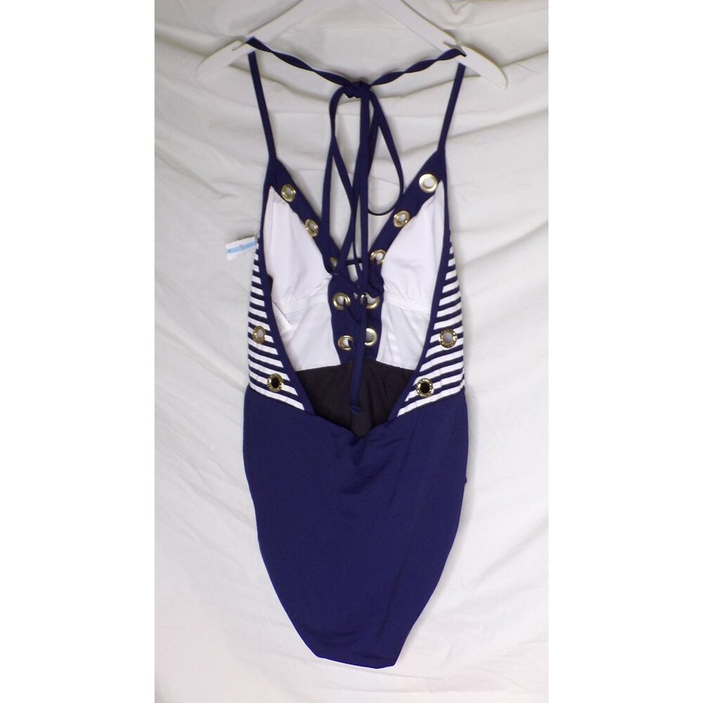 🆕LA BLANCA Sail Plunge Lace Up One Piece Swimsuit Navy Blue White 10 - Picture 9 of 10